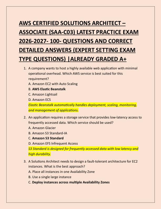 mobile-preview-AWS CERTIFIED SOLUTIONS ARCHITECT –  ASSOCIATE (SAA-C03) LATEST PRACTICE EXAM  2026-2027- 100- QUESTIONS AND CORRECT  DETAILED ANSWERS (EXPERT SETTING EXAM  TYPE QUESTIONS) |ALREADY GRADED A+ 