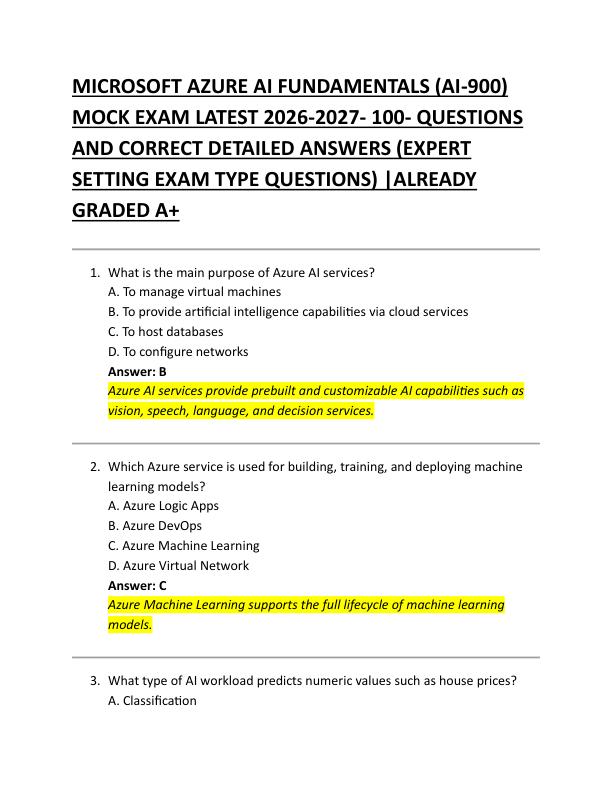 mobile-preview- MICROSOFT AZURE AI FUNDAMENTALS (AI-900)  MOCK EXAM LATEST 2026-2027- 100- QUESTIONS  AND CORRECT DETAILED ANSWERS (EXPERT  SETTING EXAM TYPE QUESTIONS) |ALREADY  GRADED A+ 