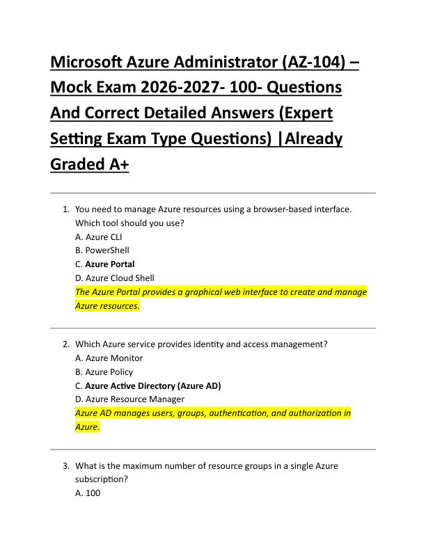 mobile-preview-Microsoft Azure Administrator (AZ-104) –  Mock Exam 2026-2027- 100- Questions  And Correct Detailed Answers (Expert  Setting Exam Type Questions) |Already  Graded A+  