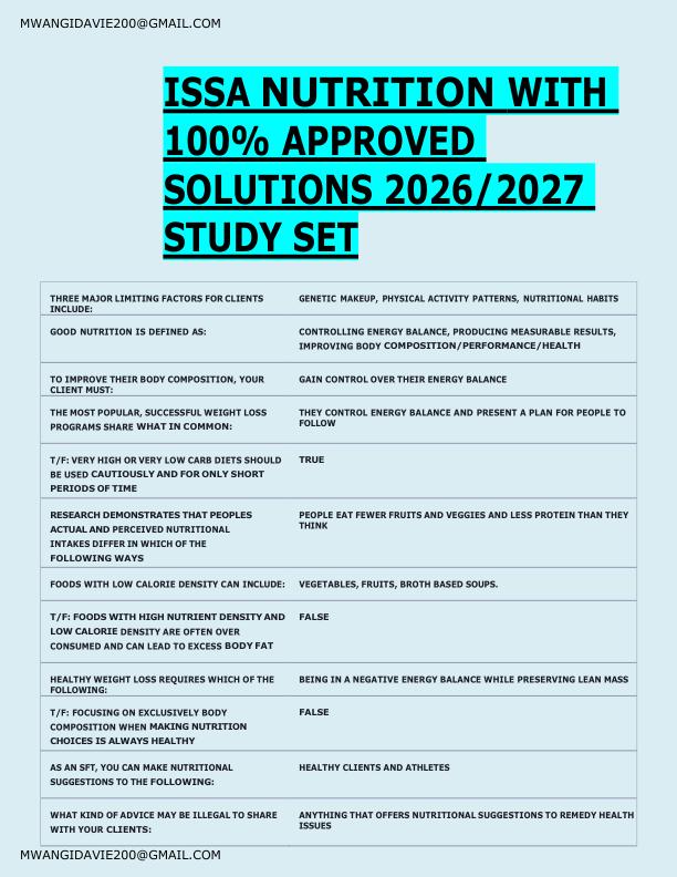 ISSA NUTRITION WITH  100% APPROVED  SOLUTIONS 2026/2027  STUDY SET 