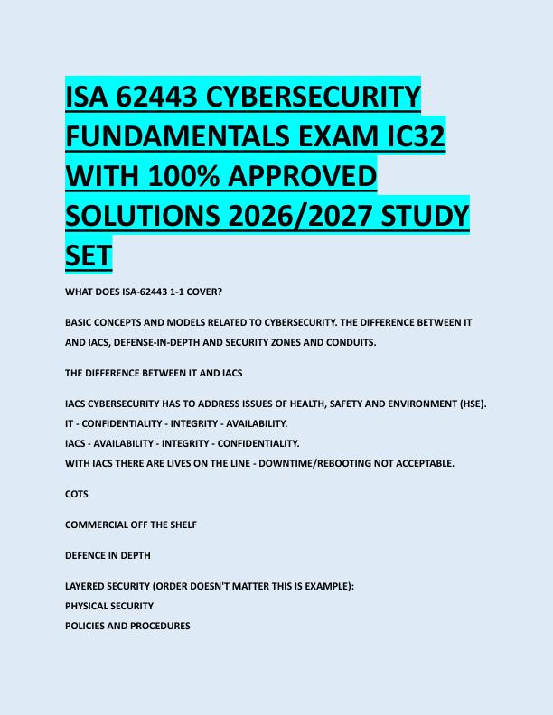 ISA 62443 CYBERSECURITY  FUNDAMENTALS EXAM IC32  WITH 100% APPROVED  SOLUTIONS 2026/2027 STUDY  SET 