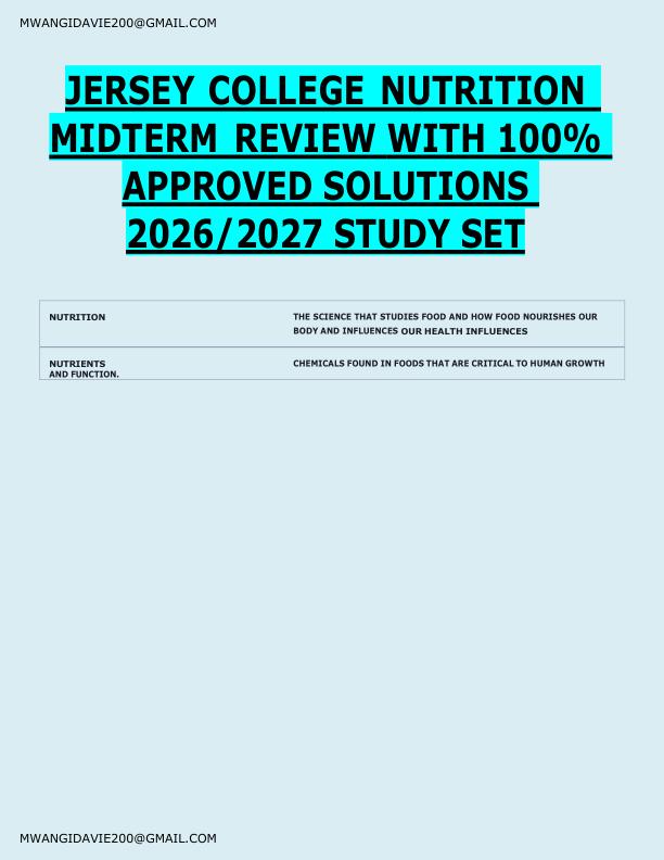 JERSEY COLLEGE NUTRITION  MIDTERM REVIEW WITH 100%  APPROVED SOLUTIONS  2026/2027 STUDY SET 