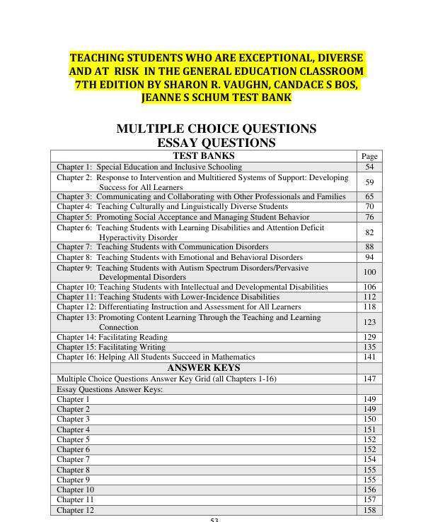 TEST BANK FOR TEACHING STUDENTS WHO ARE EXCEPTIONAL, DIVERSE AND AT RISK IN THE GENERAL EDUCATION CLASSROOM 7TH EDITION BY SHARON R. VAUGHN, CANDACE S BOS,JEANNE S SCHUM