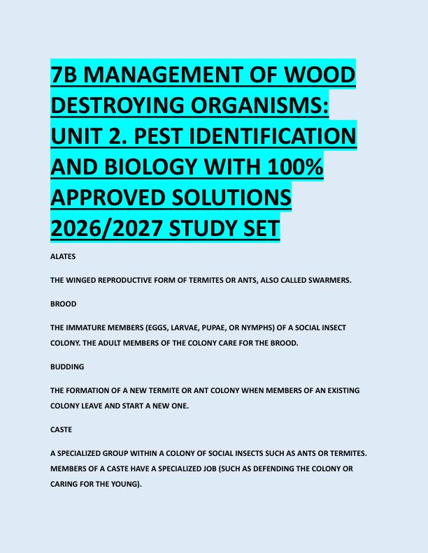 mobile-preview-7B MANAGEMENT OF WOOD  DESTROYING ORGANISMS:  UNIT 2. PEST IDENTIFICATION  AND BIOLOGY WITH 100%  APPROVED SOLUTIONS  2026/2027 STUDY SET