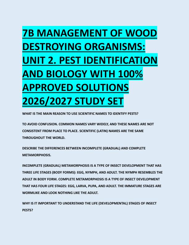 mobile-preview-7B MANAGEMENT OF WOOD  DESTROYING ORGANISMS:  UNIT 2. PEST IDENTIFICATION  AND BIOLOGY WITH 100%  APPROVED SOLUTIONS  2026/2027 STUDY SET 