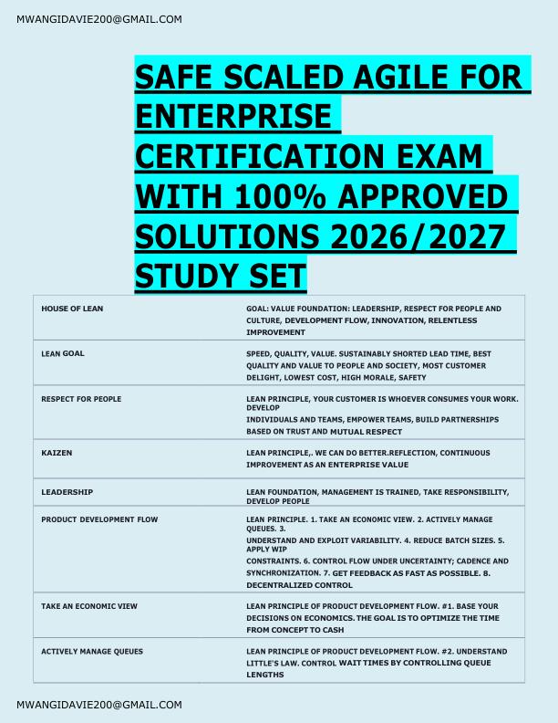 mobile-preview-  SAFE SCALED AGILE FOR  ENTERPRISE  CERTIFICATION EXAM  WITH 100% APPROVED  SOLUTIONS 2026/2027  STUDY SET 