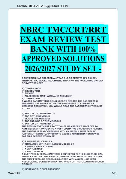 mobile-preview-NBRC TMC/CRT/RRT  EXAM REVIEW TEST  BANK WITH 100%  APPROVED SOLUTIONS  2026/2027 STUDY SET - 