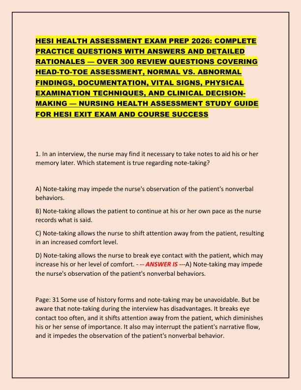 HESI HEALTH ASSESSMENT EXAM PREP 2026