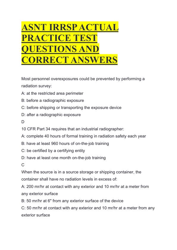 ASNT IRRSP ACTUAL PRACTICE TEST QUESTIONS AND CORRECT ANSWERS