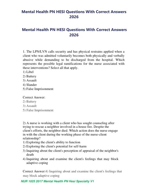 Mental Health PN HESI Questions With Correct Answers 2026