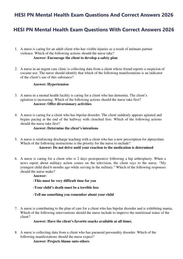 HESI PN Mental Health Exam Questions And Correct Answers 2026