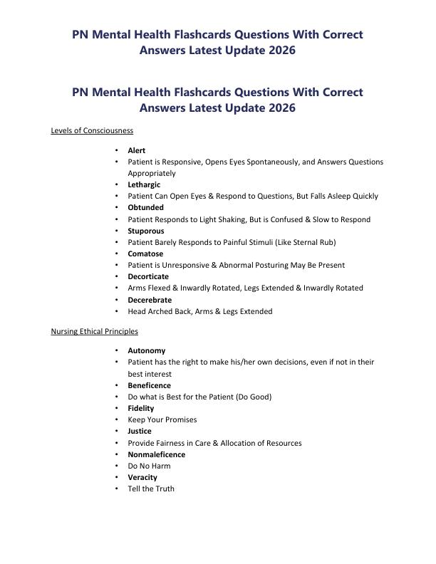 PN Mental Health Flashcards Questions With Correct Answers Latest Update 2026
