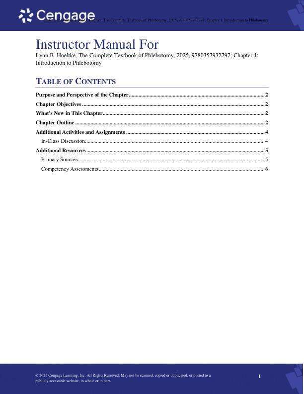 Instructor Maunal for The Complete Textbook of Phlebotomy, 6th Edition by Lynn B. Hoeltke Chapter 1-15
