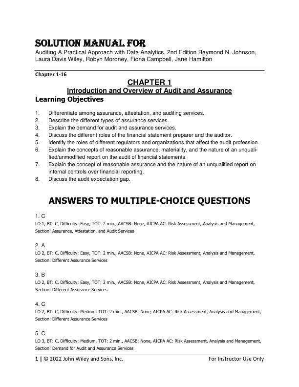 Solution Manual For Auditing A Practical Approach with Data Analytics, 2nd Edition by Raymond N. Johnson, Laura Davis Wiley, Robyn Moroney, Fiona Campbell, Jane Hamilton Chapter 1-16