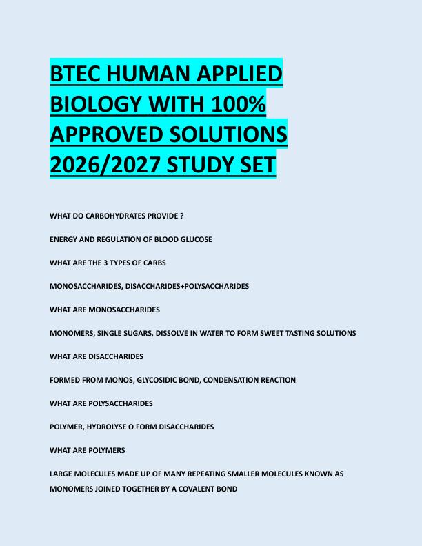 mobile-preview-BTEC HUMAN APPLIED  BIOLOGY WITH 100%  APPROVED SOLUTIONS  2026/2027 STUDY SET 
