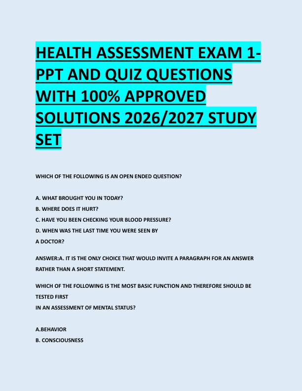 HEALTH ASSESSMENT EXAM 1-  PPT AND QUIZ QUESTIONS  WITH 100% APPROVED  SOLUTIONS 2026/2027 STUDY  SET 