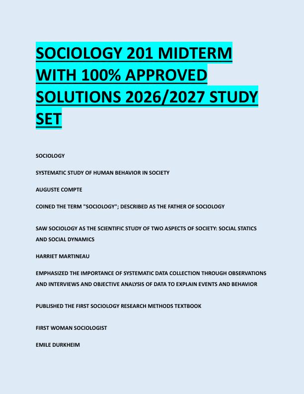 SOCIOLOGY 201 MIDTERM  WITH 100% APPROVED  SOLUTIONS 2026/2027 STUDY  SET 