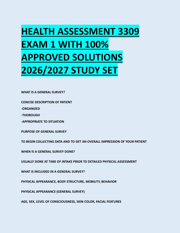 HEALTH ASSESSMENT 3309  EXAM 1 WITH 100%  APPROVED SOLUTIONS  2026/2027 STUDY SET 