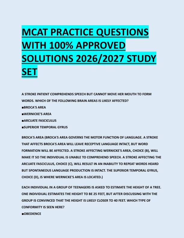 MCAT PRACTICE QUESTIONS  WITH 100% APPROVED  SOLUTIONS 2026/2027 STUDY  SET
