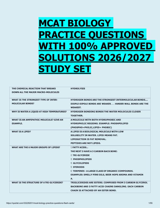 mobile-preview-          MCAT BIOLOGY  PRACTICE QUESTIONS  WITH 100% APPROVED  SOLUTIONS 2026/2027  STUDY SET