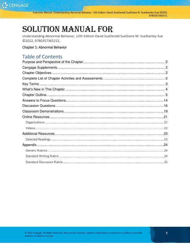 Solution Manual For Understanding Abnormal Behavior, 12th Edition by David SueDerald SueDiane M. SueStanley Sue Chapter 1-17