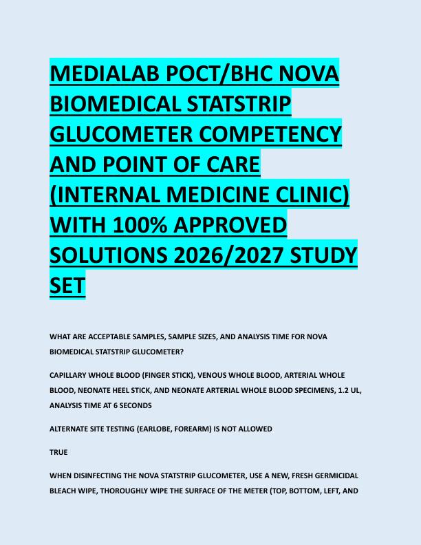 MEDIALAB POCT/BHC NOVA  BIOMEDICAL STATSTRIP  GLUCOMETER COMPETENCY  AND POINT OF CARE  (INTERNAL MEDICINE CLINIC)  WITH 100% APPROVED  SOLUTIONS 2026/2027 STUDY  SET 