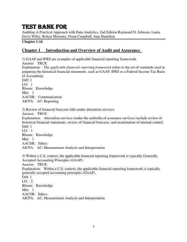 Test Bank For Auditing A Practical Approach with Data Analytics, 2nd Edition by Raymond N. Johnson, Laura Davis Wiley, Robyn Moroney, Fiona Campbell, Jane Hamilton Chapter 1-16