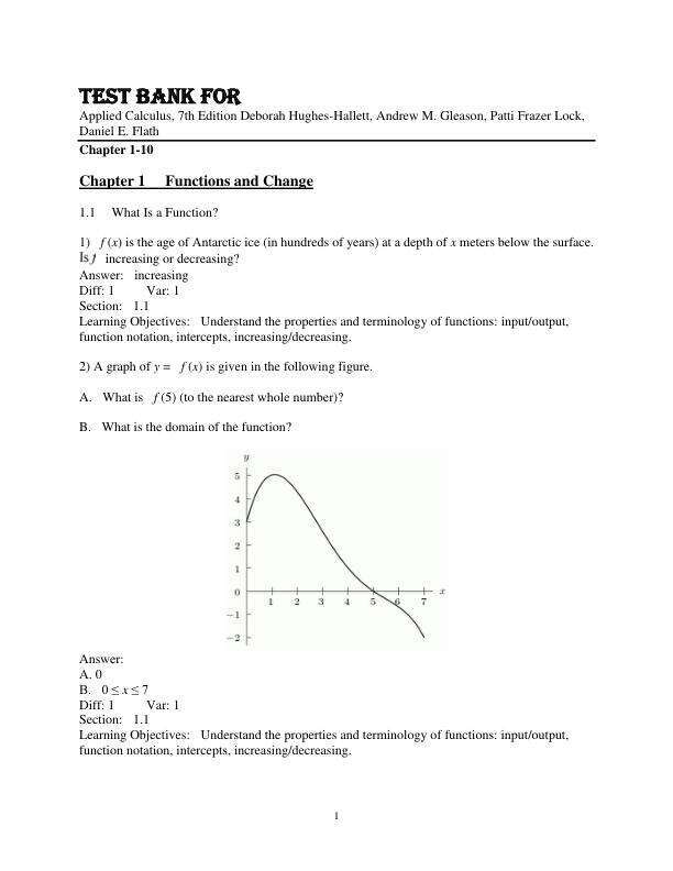 Test Bank For Applied Calculus, 7th Edition by Deborah Hughes-Hallett, Andrew M. Gleason, Patti Frazer Lock, Daniel E. Flath Chapter 1-10