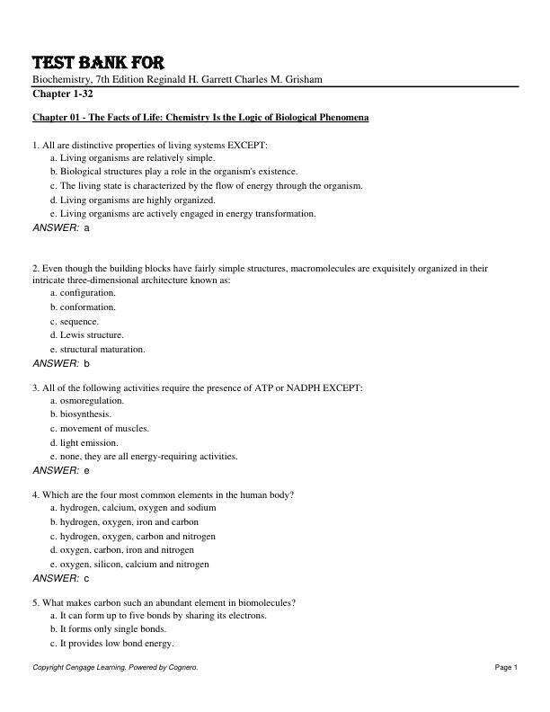 Test Bank For Biochemistry, 7th Edition by Reginald H. GarrettCharles M. Grisham Chapter 1-32