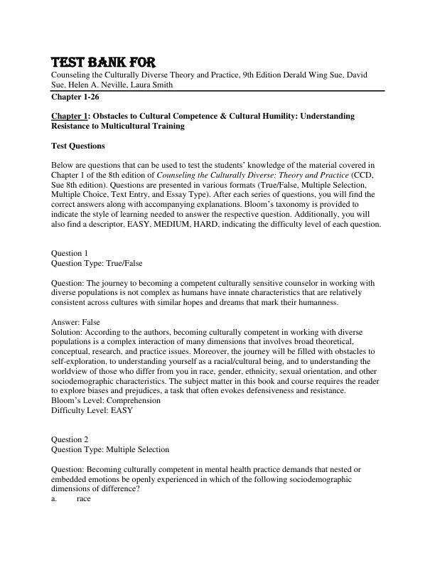 Test Bank For Counseling the Culturally Diverse Theory and Practice, 9th Edition by Derald Wing Sue, David Sue, Helen A. Neville, Laura Smith Chapter 1-26