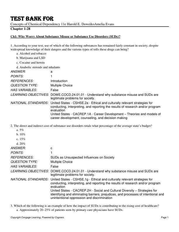 Test Bank For Concepts of Chemical Dependency 11th Edition by Harold E. DoweikoAmelia Evans Chapter 1-38