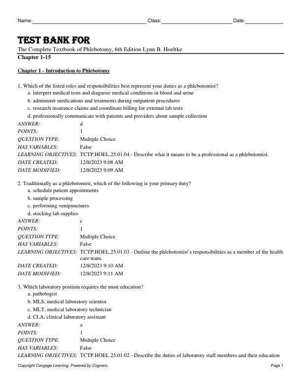 Test Bank For For The Complete Textbook of Phlebotomy, 6th Edition by Lynn B. Hoeltke Chapter 1-15