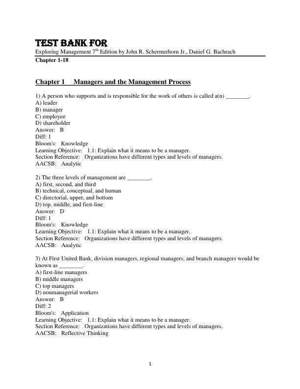 Test Bank For Exploring Management 7th Edition by John R. Schermerhorn Jr., Daniel G. Bachrach Chapter 1-18