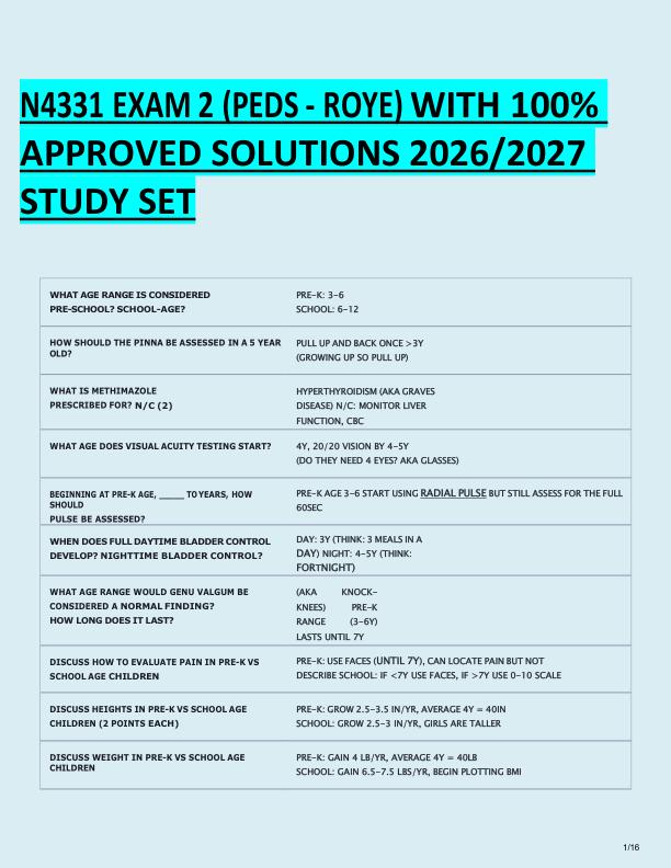 N4331 EXAM 2 (PEDS - ROYE) WITH 100%  APPROVED SOLUTIONS 2026/2027  STUDY SET 