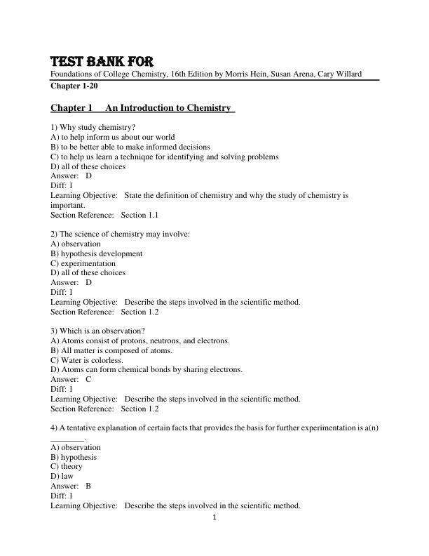 Test Bank For Foundations of College Chemistry, 16th Edition by Morris Hein, Susan Arena, Cary Willard Chapter 1-20