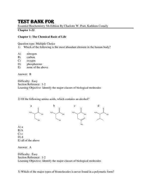 Test Bank For Essential Biochemistry 5th Edition By Charlotte W. Pratt, Kathleen Cornely Chapter 1-22