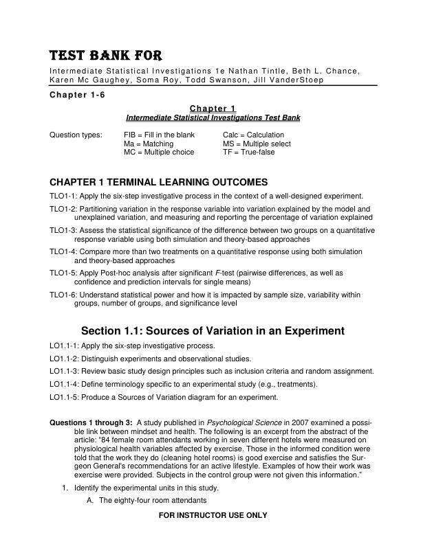 Test Bank For Intermediate Statistical Investigations 1th Edition by Nathan Tintle, Beth L. Chance, Karen McGaughey, Soma Roy, Todd Swanson, Jill VanderStoep Chapter 1-6