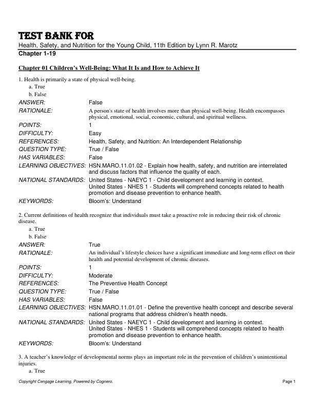 Test Bank For Health, Safety, and Nutrition for the Young Child, 11th Edition by Lynn R. Marotz Chapter 1-19