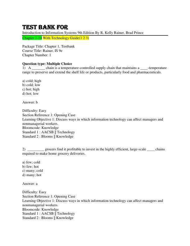 Test Bank For Introduction to Information Systems 9th Edition By R. Kelly Rainer, Brad Prince Chapter 1-14 and Technology Guide(1 2 3)