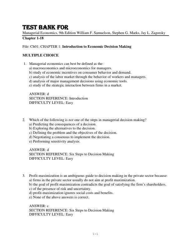 Test Bank For Managerial Economics, 9th Edition by William F. Samuelson, Stephen G. Marks, Jay L. Zagorsky Chapter 1-18