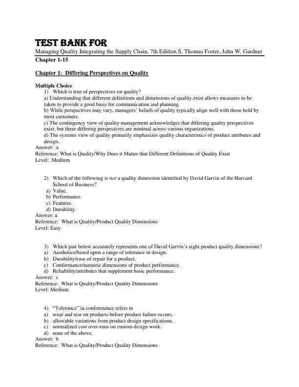 Test Bank For Managing Quality Integrating the Supply Chain, 7th Edition S. Thomas Foster, John W. Gardner Chapter 1-15