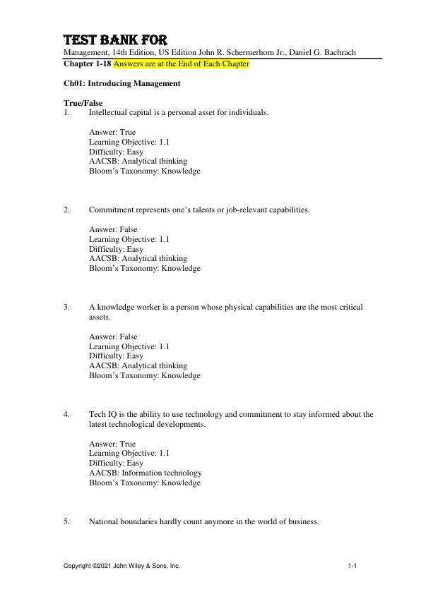 Test Bank For Management, 14th Edition by US Edition John R. Schermerhorn Jr., Daniel G. Bachrach Chapter 1-18