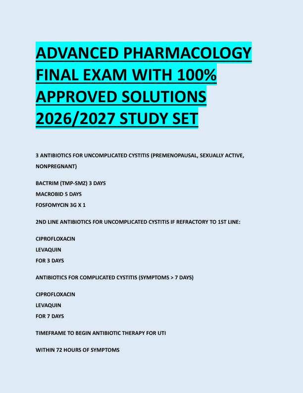 ADVANCED PHARMACOLOGY  FINAL EXAM WITH 100%  APPROVED SOLUTIONS  2026/2027 STUDY SET