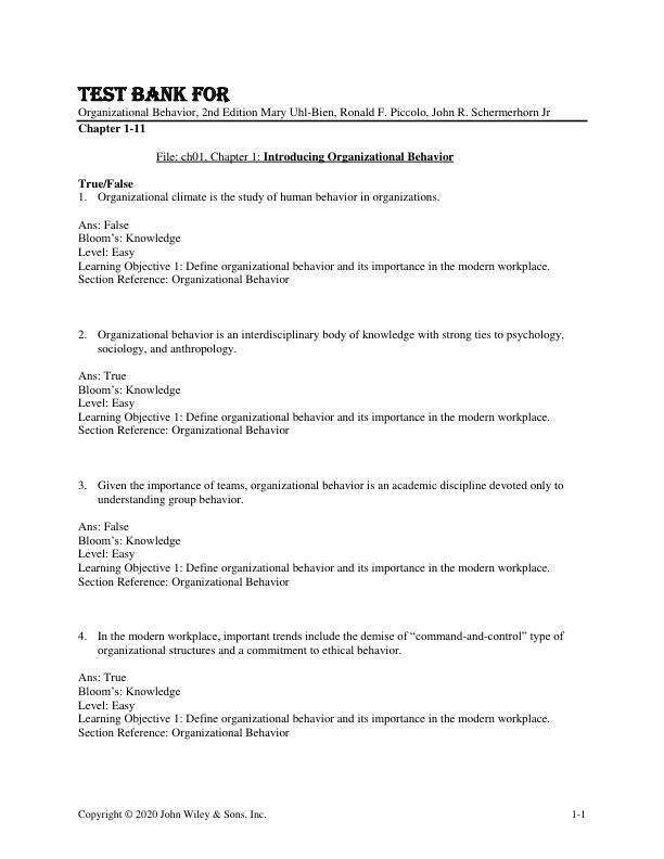 Test Bank For Organizational Behavior, 2nd Edition by Mary Uhl-Bien, Ronald F. Piccolo, John R. Schermerhorn Jr Chapteer 1-11