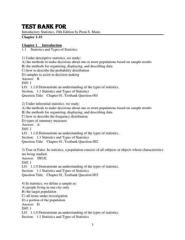 Test Bank For Introductory Statistics, 10th Edition by Prem S. Mann Chapter 1-15