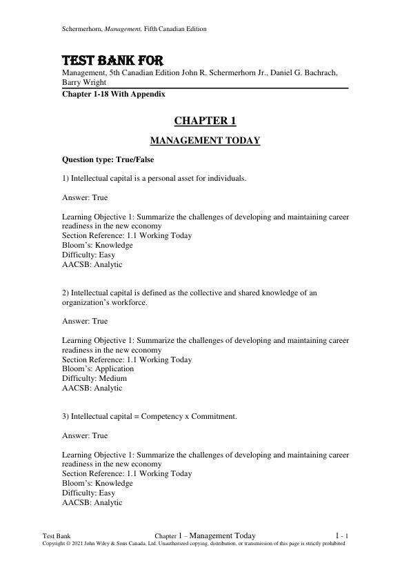 Test Bank For Management, 5th Canadian Edition by John R. Schermerhorn Jr., Daniel G. Bachrach, Barry Wright Chapter 1-18