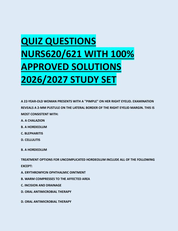 QUIZ QUESTIONS  NURS620/621 WITH 100%  APPROVED SOLUTIONS  2026/2027 STUDY SET 