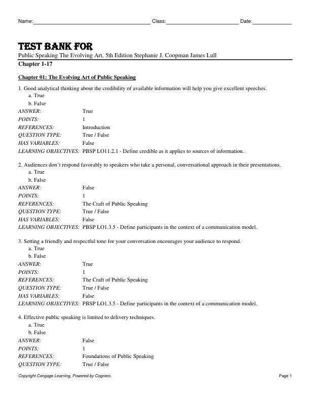 Test Bank For Public Speaking The Evolving Art, 5th Edition by Stephanie J. CoopmanJames Lull Chapter 1-17