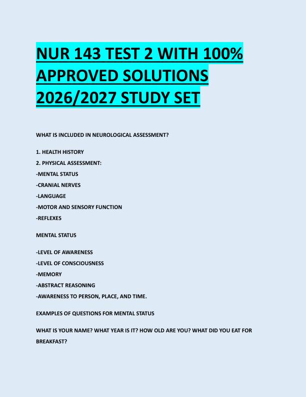 NUR 143 TEST 2 WITH 100%  APPROVED SOLUTIONS  2026/2027 STUDY SET