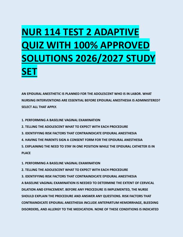 NUR 114 TEST 2 ADAPTIVE  QUIZ WITH 100% APPROVED  SOLUTIONS 2026/2027 STUDY  SET 